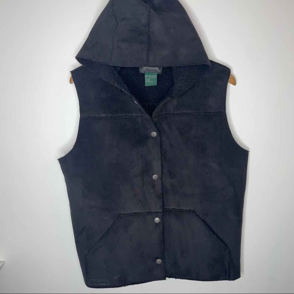 Ralph Lauren Vest Women's L Faux Suede Fleece Lined Hooded Black - Picture 5 of 10